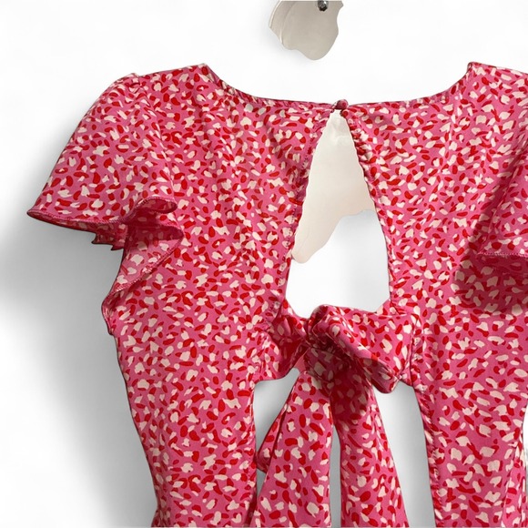 QUIZ Wrap Midi Dress Womens Size 10 Pink Abstract Print Flutter Sleeve Tie Back - Picture 6 of 7